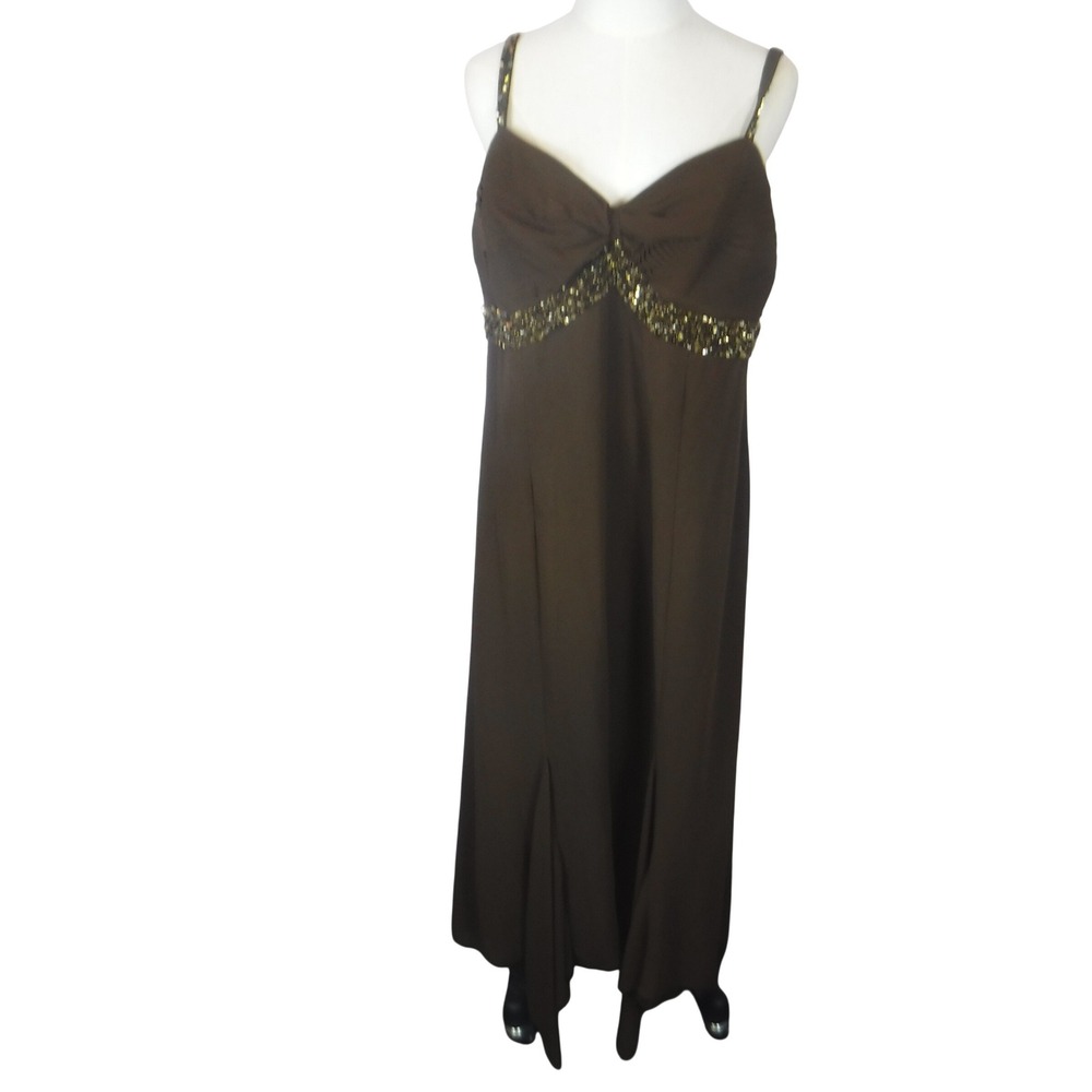VTG‎ Niki Livas Women's 16W Chocolate Brown Beaded Sequin Formal Gown Maxi Dress
